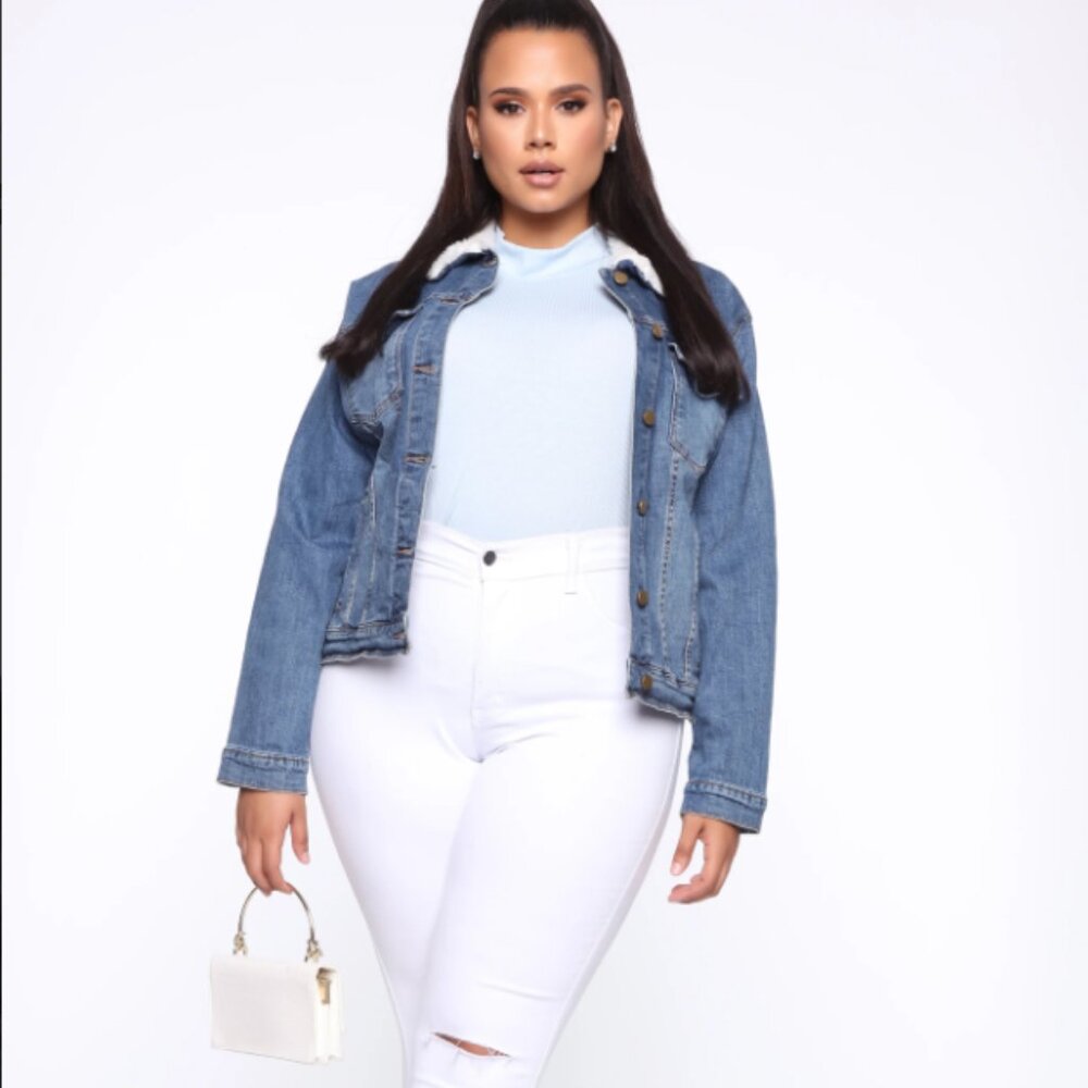 Fashion Nova Denim‎ Fleece Cropped Jean Jacket  Be With You In A Minute 2X NWT